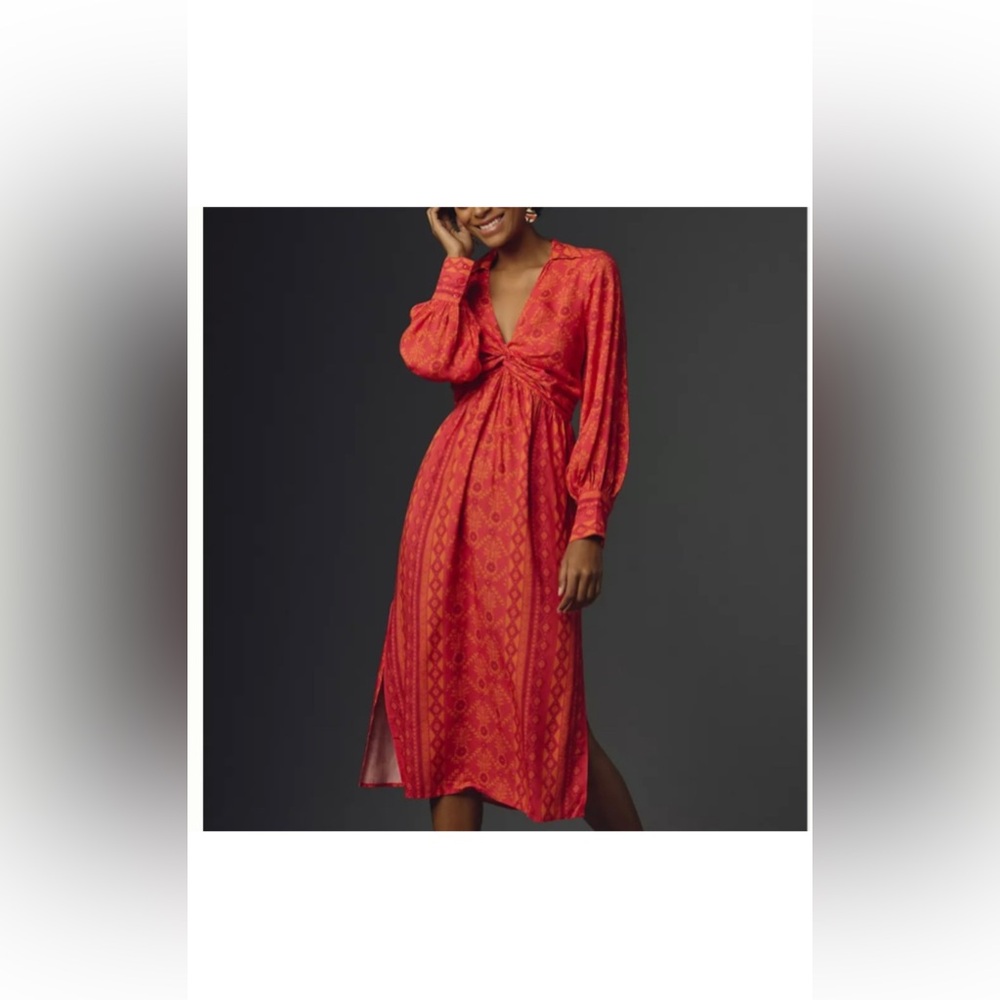 NWT Anthropologie Farm Rio Long Sleeve V-Neck Printed Tie-Front Midi Dress M